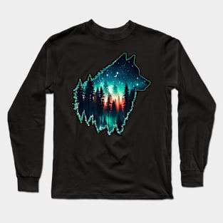 Wolf Silhouette Forest In Starry Night Long Sleeve T-Shirt